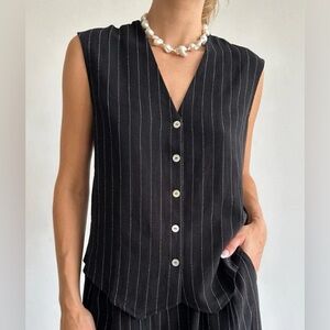 DONNI BLACK JET PINSTRIPE LINEN BLEND VEST SIZE M